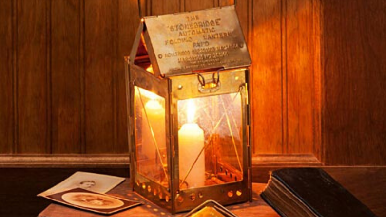 Garrett Wade's portable brass candle lantern is modeled after the early 20th-century Stonebridge Lantern.