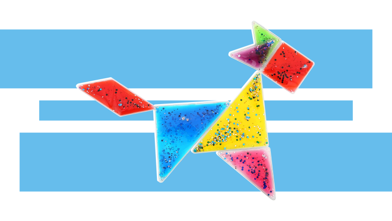 Six brightly colored tangram puzzle pieces in the shape of a fox or dog.