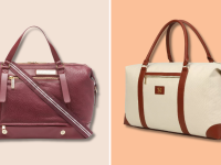 Two weekender bags. One DNKY one in wine color. One by Badgley Mischka in tan.