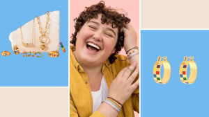 rainbow and gold jewelry and person wearing rainbow string bracelets on blue and beige background