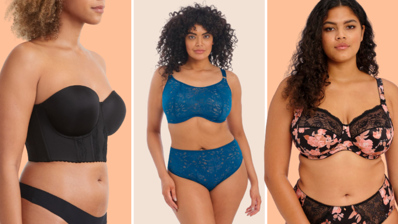 Three bras collaged against a colorful background, all seen on models: The first is a black longline bra, the second is a matching blue lace set, and the third is a floral lace set.