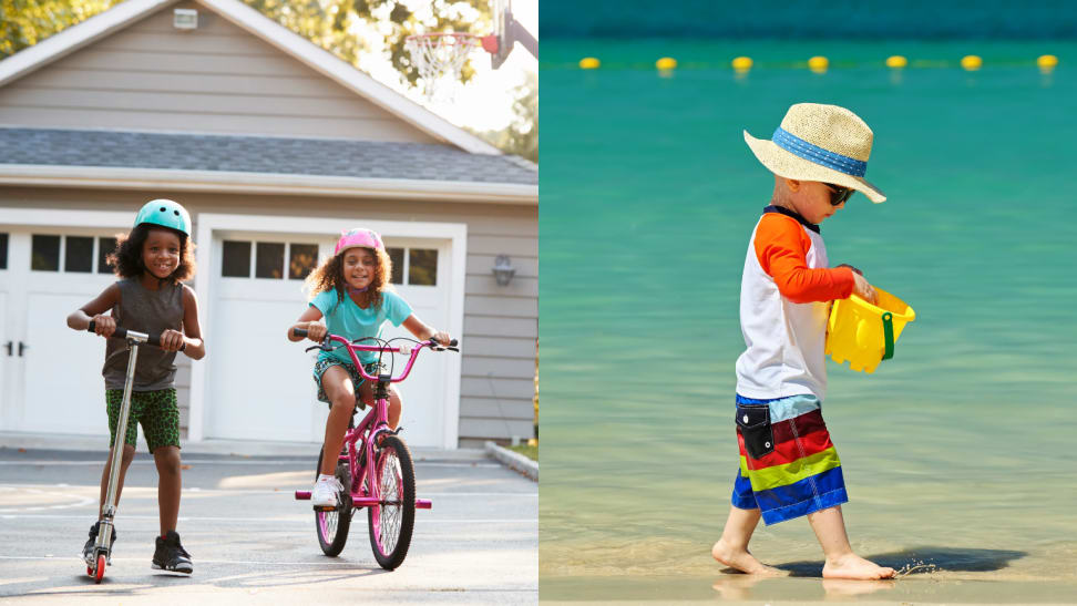 Toddler on the beach and two girls riding bikes