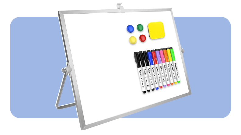 Product shot of the Aberlls white board with magnetic colorful markers.