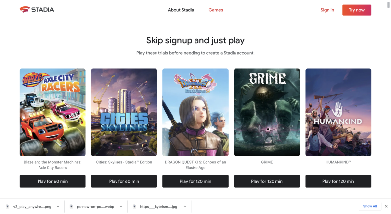 Screenshot of Stadia Cloud gaming service.