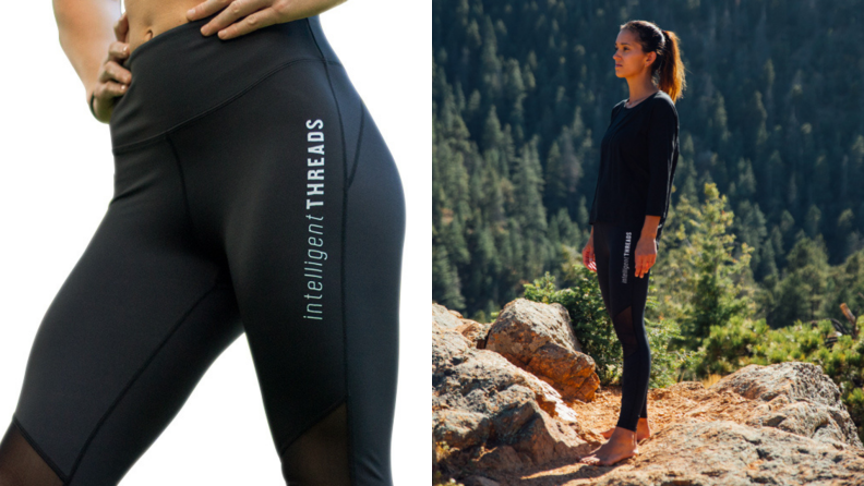 On left, person wearing black leggings. On right, person standing outdoors on cliff.