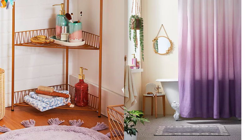 An image of a copper bathroom storage shelf alongside a separate image of an ombre lavender purple shower curtain.