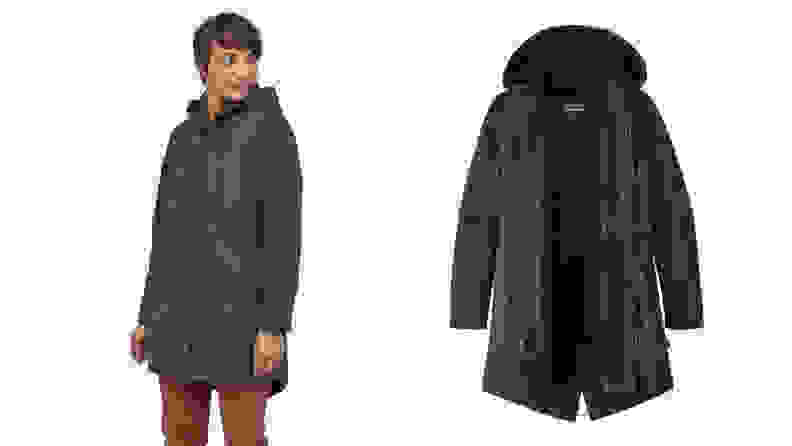 Left: Woman wearing a midlength parka; Right: Patagonia parka