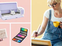 collage with purple cricut machine, a stamp, set of glitter pens, and woman holding a teacup and painting