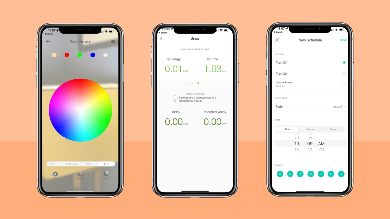 Three screenshots of the Kasa app showcasing smart bulb settings