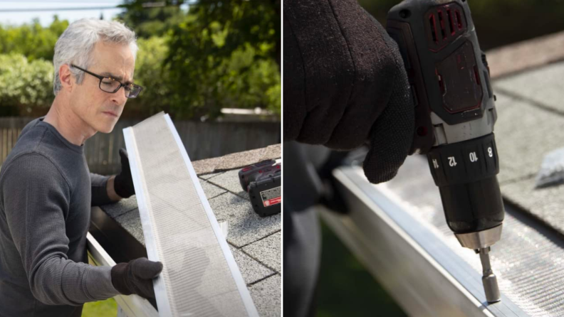 A person installs a metal gutter guard on a roof.