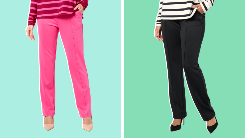 Side-by-side image of the lower bodies of two people wearing dress pants, one pink pair and one black pair, from QVC's Mizrahi Live! x Selma Blair accessible clothing line.