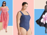Collage of plus-size outfits: a red gingham dress, a blue one-piece bathing suit, and a black dress with a pink flower on it.