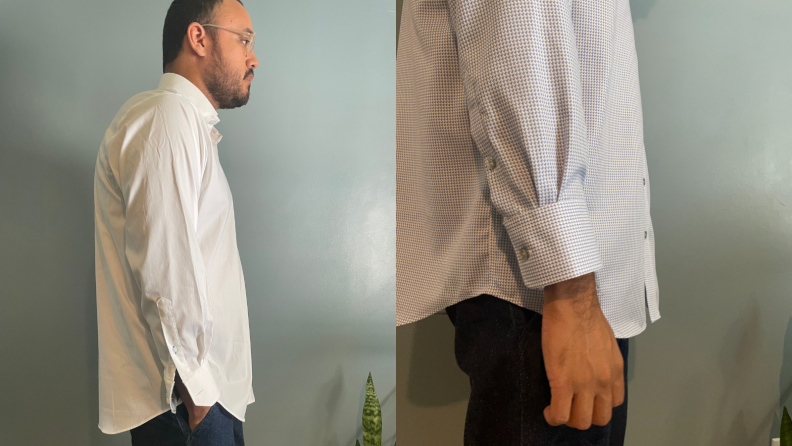 side profile of man in Twillory shirt, close-up of sleeves on Twillory shirt