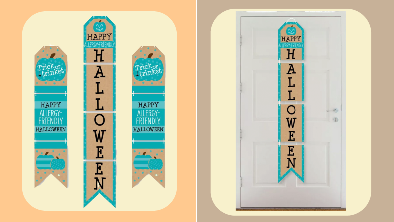 Three slim vertical teal and tan welcome door banners that advertise allergy-free snacks.