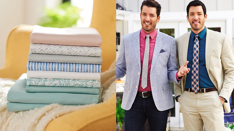 Left: bedding folded up, Right: property brothers smiling