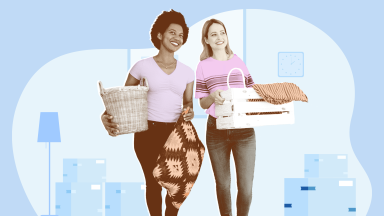 Two people holding baskets while smiling in front of cartoon moving boxes.