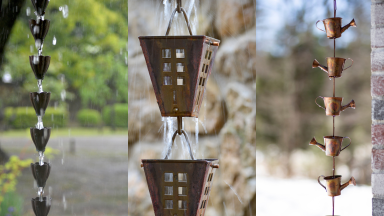 Three images of metal rain chains on porches.