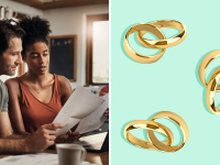 A stock photo of a couple reading a document in a kitchen on the left. Gold wedding bands linked together against a light green background on the right.