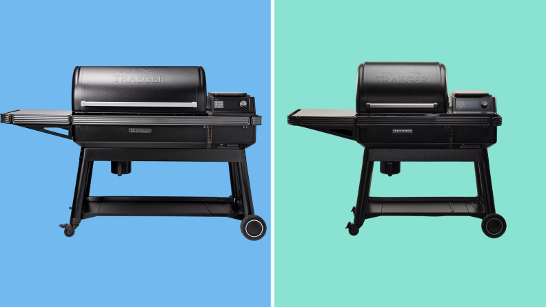 Two different sizes of the Traeger Ironwood, side-by-side, on a blue and green background.