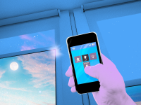 Person holding a smartphone to open blinds