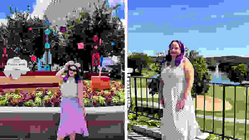 A woman wearing a white polka dotted dress and also a photo of her wearing a purple chiffon skirt and silver tank top with purple Mickey Mouse ears.