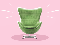 An egg chair with dollar bills overlaying it against a pink background.