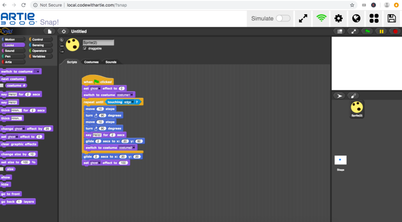 In the Artie 3000 UI, kids can write programs in Blockly that control Artie 3000 or onscreen avatars known as sprites.