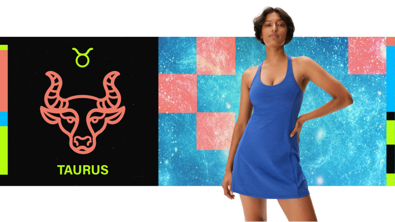 On the left is the symbol for Taurus, and on the right is a model wearing a blue athletic dress.