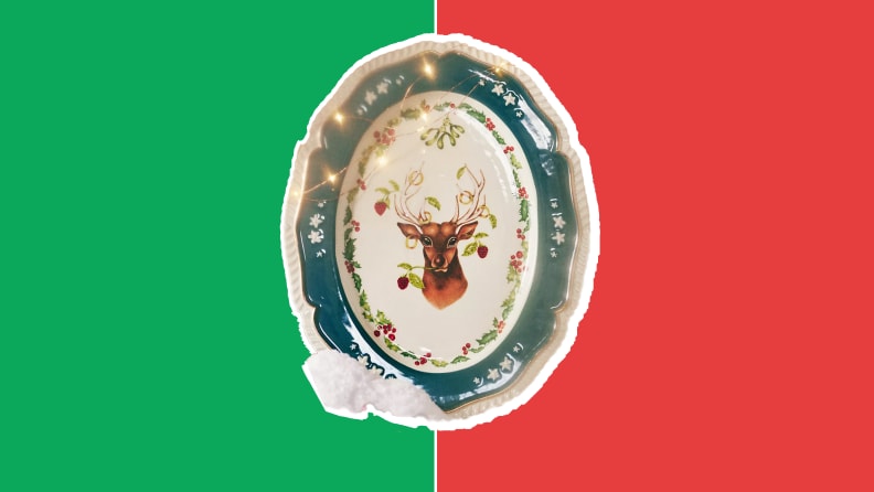Oval, Reindeer printed dessert dish in front of red and green collage.