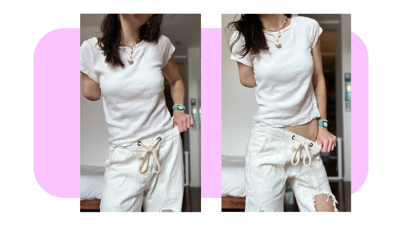 Person displaying the Soft White Shabbies pants.