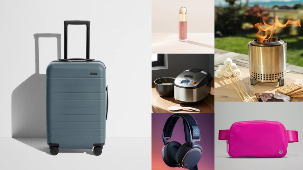 Carry-on, blush, rice cooker, headphones, countertop stove, and belt bag