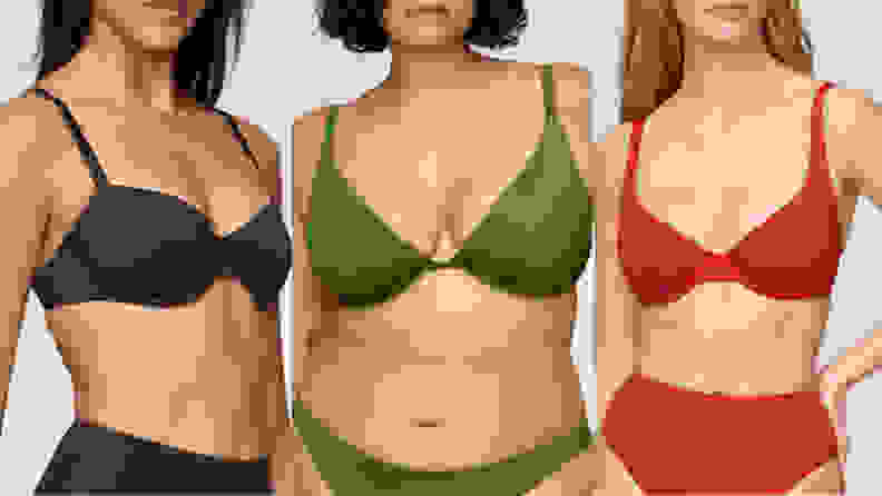 Left: woman wearing cuup balconette top. Middle: Woman wearing green plunge top. Right: woman wearing red sccop cup bathing suit top.