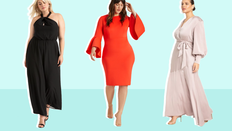 Collage of three Eloquii dresses: a floor length black dress, an orange knee-length dress with bell sleeves, and a white silk gown.