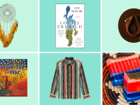Photo collage of a dreamcatcher, a cover of a book by Louise Erdrich, a brown hat, a cover of an audio book by Joy Harjo, a button-down shirt, and soaps.