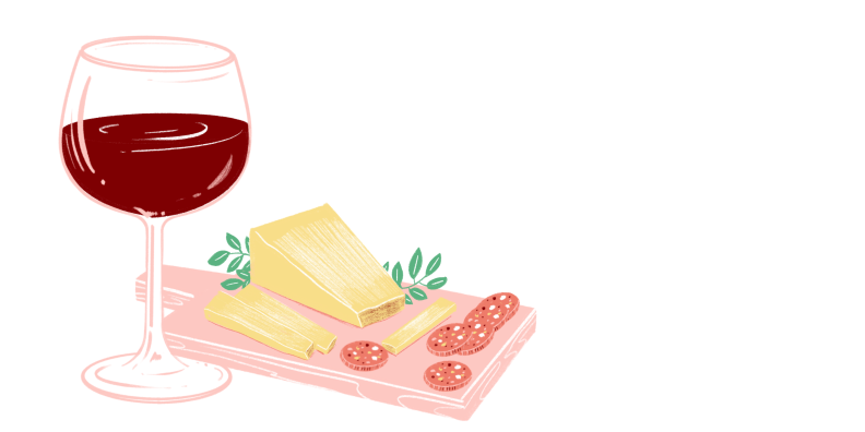 An illustration of a glass of Pinot Noir next to a cheese plate.