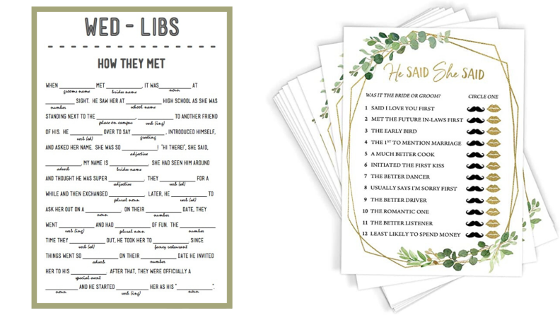 Two printable sheets of bridal shower games.