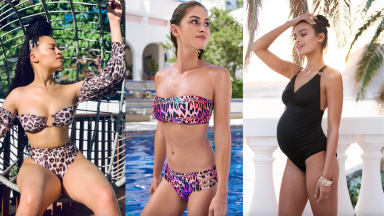 On left, model wearing cheetah print two-piece swimsuit while sitting down. In middle, model wearing colorful cheetah print swimsuit in pool. On right, pregnant model wearing black one-piece swimsuit.