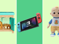 A collage of three recommended gifts including little live pets barn set, a Nintendo Switch and CoComelon doll.