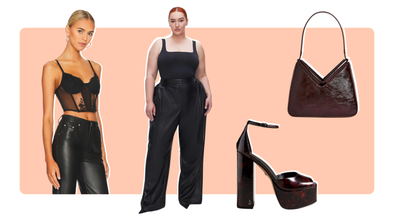 A model wearing a black bustier, a model wearing leather pants, a black platform heel, and a black bag.