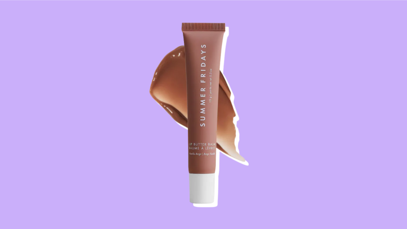 A brown Summer Fridays Lip Butter Balm on a purple background.