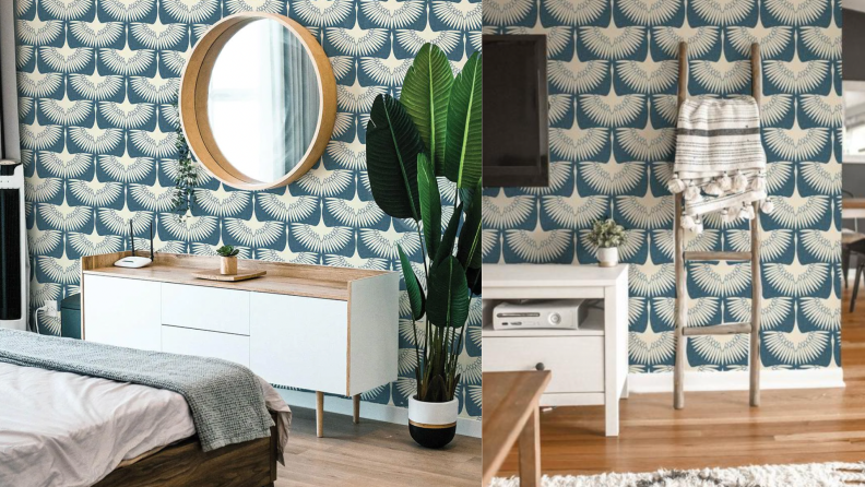 On the right, a vanity with a big circular mirror against a bird print wallpaper. On the right, the same wallpaper is featured in a room with a TV and console.