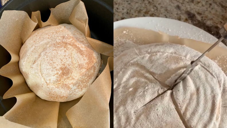 You can use a lame to score the dough before baking.