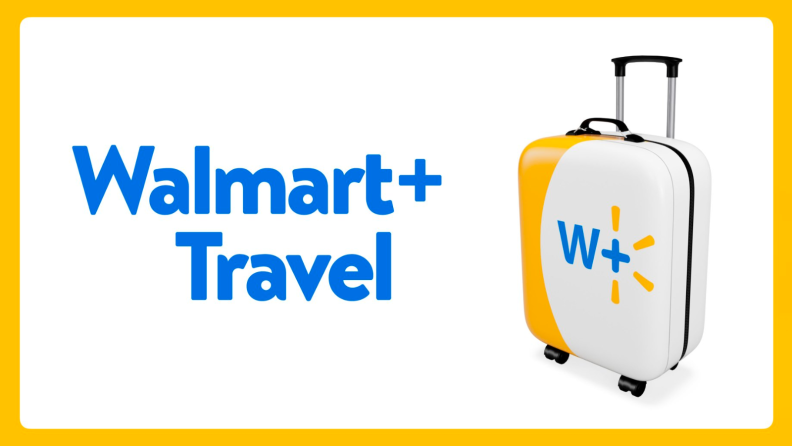 An image of a white and yellow suitcase with a Walmart+ symbol on the front next to the phrase 'Walmart+ Travel.'