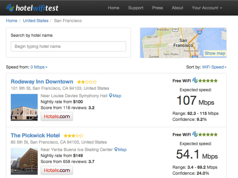 Hotel WiFi Test is a site designed to let travelers test their hotel wireless connections, passing the info on to other travelers.