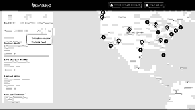 A screenshot of Nespresso's store locator map and list.