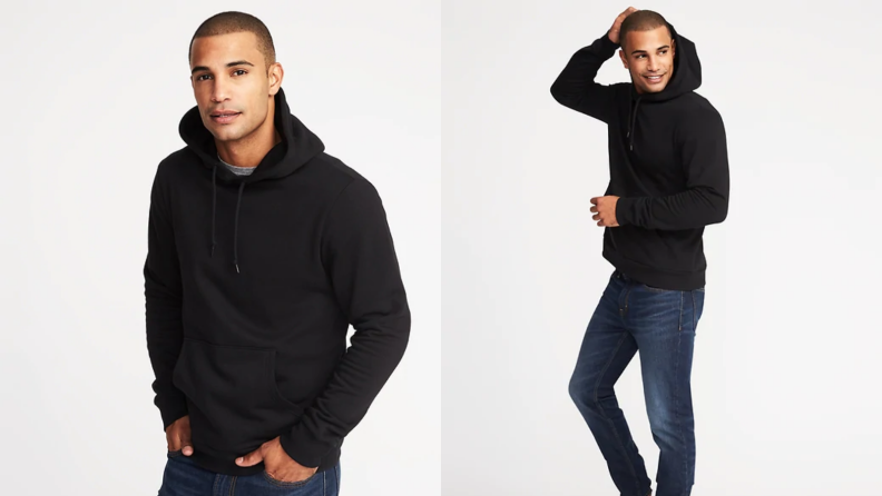 Two images of a man wearing a black hoodie.