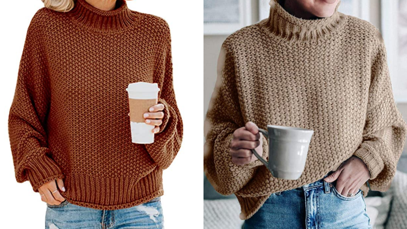 Two images of the same turtleneck, loose sweater. The first image features the sweater in dark orange, the second in tan.