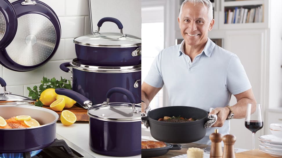 Left: Purple cookware on pan, right: Geoffrey Zackarian holding pot