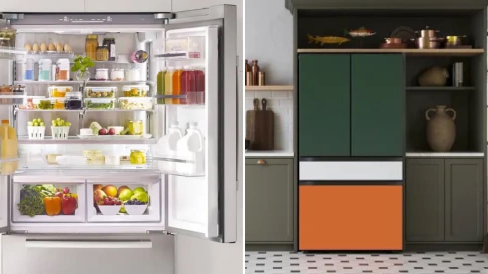 Left: A close-up of the interior of an open French-door refrigerator. Right: A zoomed out photo of a Samsung Bespoke French-door fridge with green fridge doors, a white flex drawer, and an orange freezer drawer.