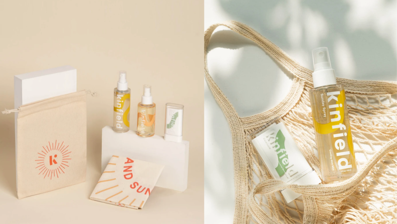 On the right: The Kinfield Sunday Spray, Golden Hour, and Waterbalm sit on a white block. A folded up banana lays posed against the white block. A box for the bandana sits next to the white block. On the right: The Kinfield Sunday Spray and Waterbalm lay inside a net reusable bag on a white background.